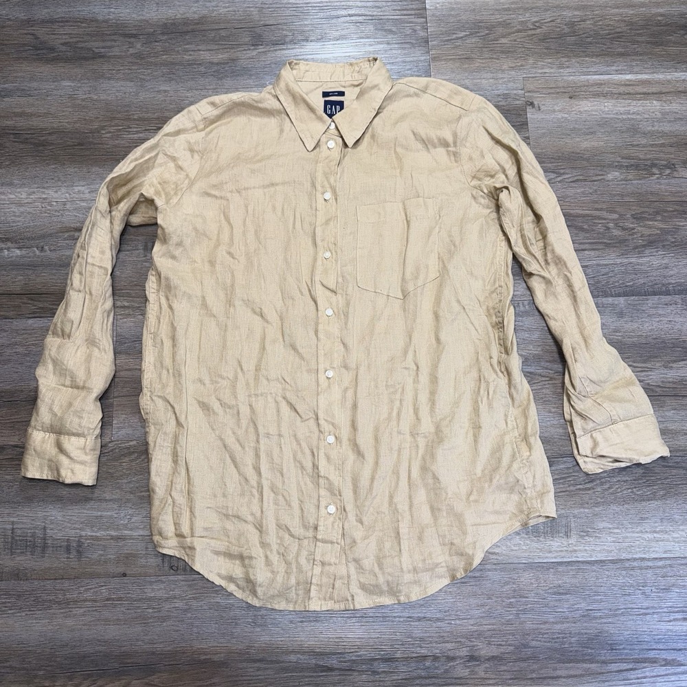 GAP Tan Long-Sleeve Button-Down Shirt Womens M 100% Linen Single Chest Pocket